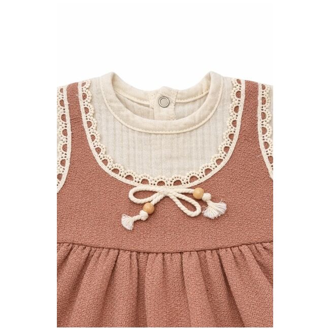 Rochita bebe fetita eleganta cu maneci lungi dantela si design vintage caramiziu trpb0213