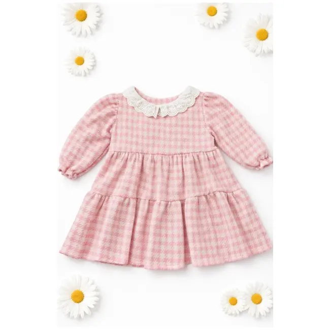 Rochita bebe fetita roz eleganta cu guler dantela si floare decorativa trpb0210