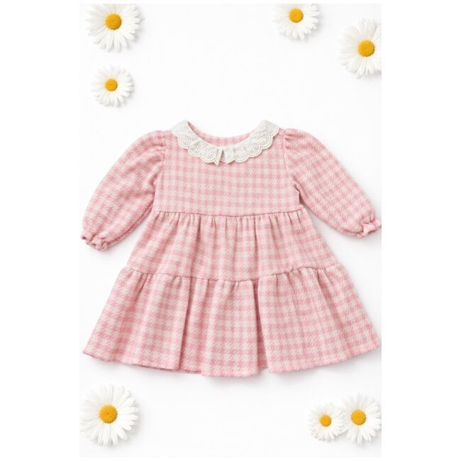 Rochita bebe fetita roz eleganta cu guler dantela si floare decorativa trpb0210