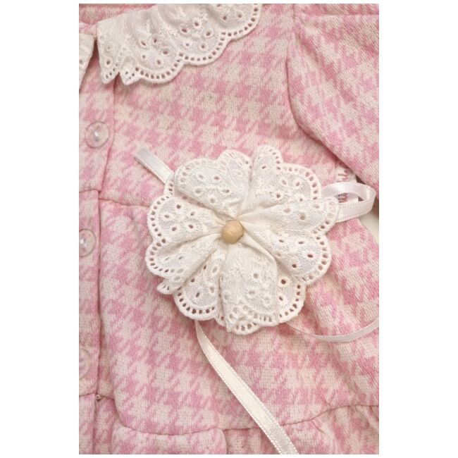 Rochita bebe fetita roz eleganta cu guler dantela si floare decorativa trpb0210