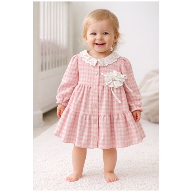 Rochita bebe fetita roz eleganta cu guler dantela si floare decorativa trpb0210