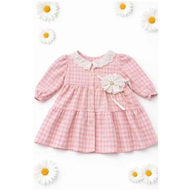 Rochita bebe fetita roz eleganta cu guler dantela si floare decorativa trpb0210