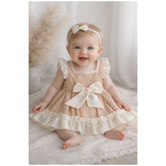 Rochita fetita bej crem eleganta cu fundita broderie premium bebelusi copii trpb0221