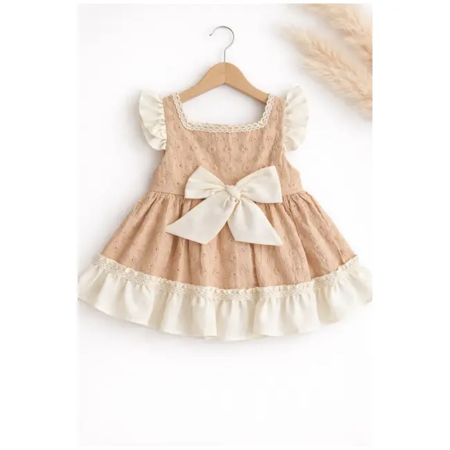 Rochita fetita bej crem eleganta cu fundita broderie premium bebelusi copii trpb0221