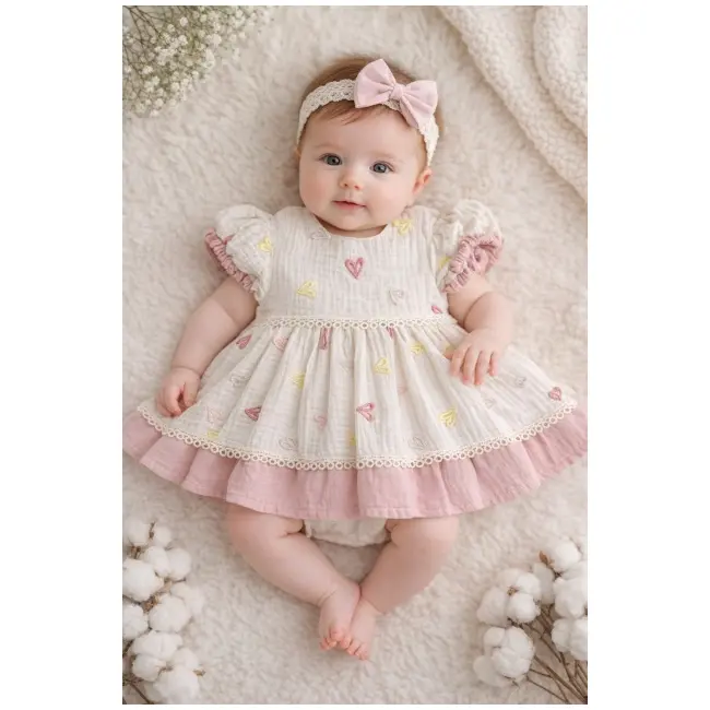 Rochita fetita bumbac ivoire roz inimioare maneca scurta eleganta bebelusi trpb0219