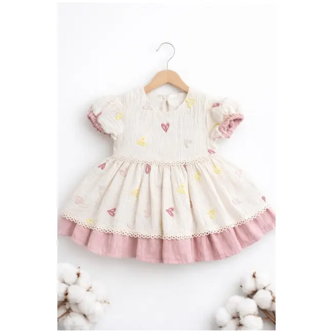 Rochita fetita bumbac ivoire roz inimioare maneca scurta eleganta bebelusi trpb0219