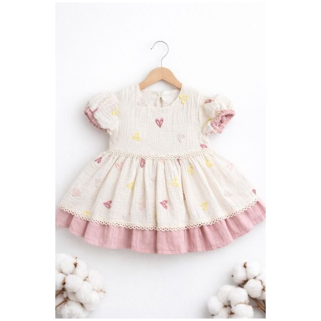 Rochita fetita bumbac ivoire roz inimioare maneca scurta eleganta bebelusi trpb0219