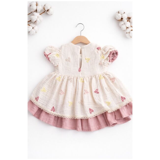 Rochita fetita bumbac ivoire roz inimioare maneca scurta eleganta bebelusi trpb0219