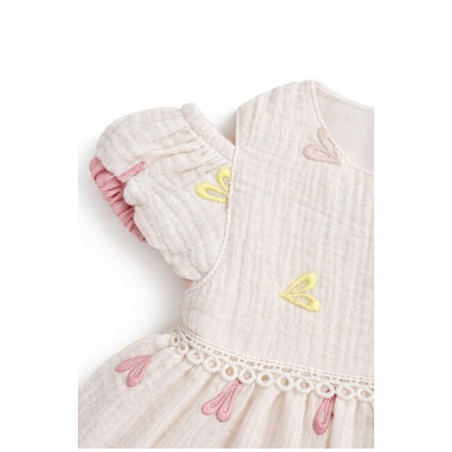 Rochita fetita bumbac ivoire roz inimioare maneca scurta eleganta bebelusi trpb0219