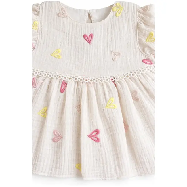 Rochita fetita bumbac ivoire roz inimioare maneca scurta eleganta bebelusi trpb0219