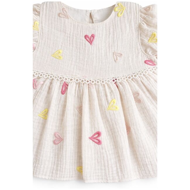 Rochita fetita bumbac ivoire roz inimioare maneca scurta eleganta bebelusi trpb0219