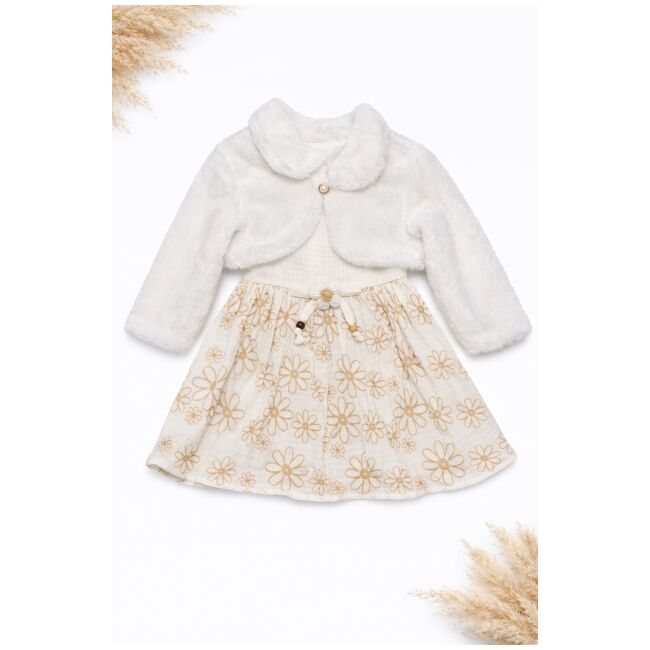 Rochita fetita eleganta cu bolero alb blanita model floral bumbac ocazie trpb0209