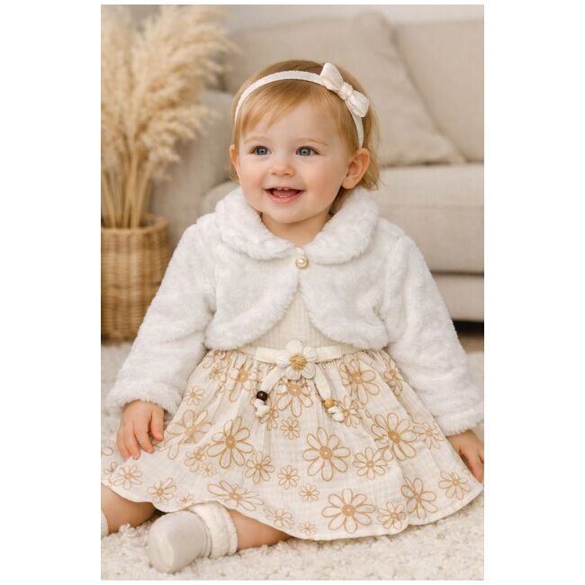 Rochita fetita eleganta cu bolero alb blanita model floral bumbac ocazie trpb0209