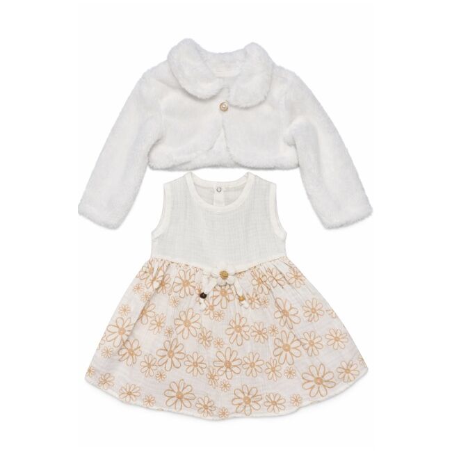 Rochita fetita eleganta cu bolero alb blanita model floral bumbac ocazie trpb0209