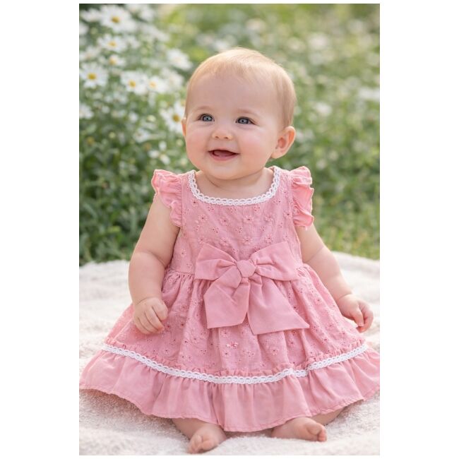 Rochita fetita roz eleganta cu fundita broderie dantela premium bebelusi copii trpb0223