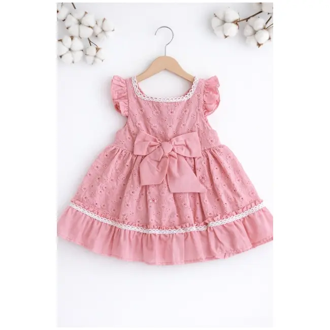 Rochita fetita roz eleganta cu fundita broderie dantela premium bebelusi copii trpb0223