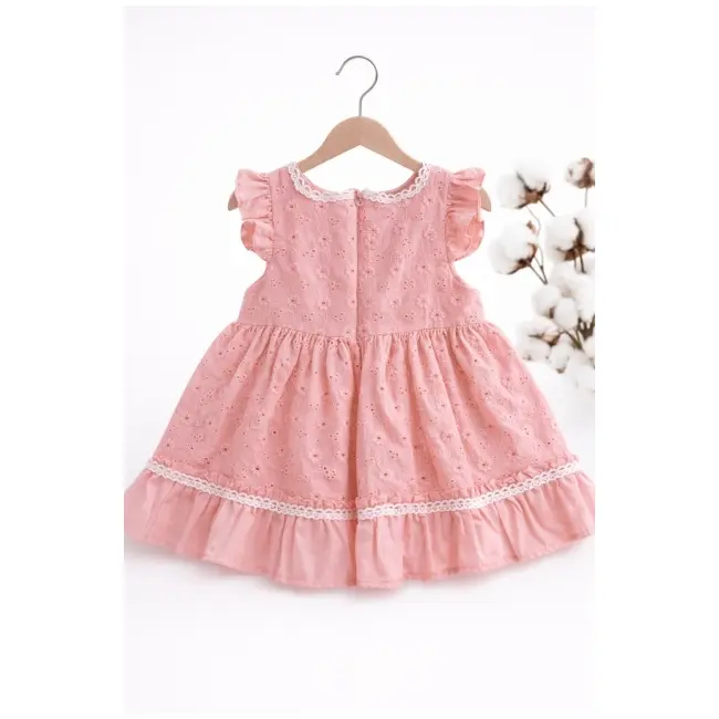 Rochita fetita roz eleganta cu fundita broderie dantela premium bebelusi copii trpb0223