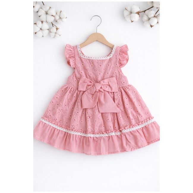 Rochita fetita roz eleganta cu fundita broderie dantela premium bebelusi copii trpb0223