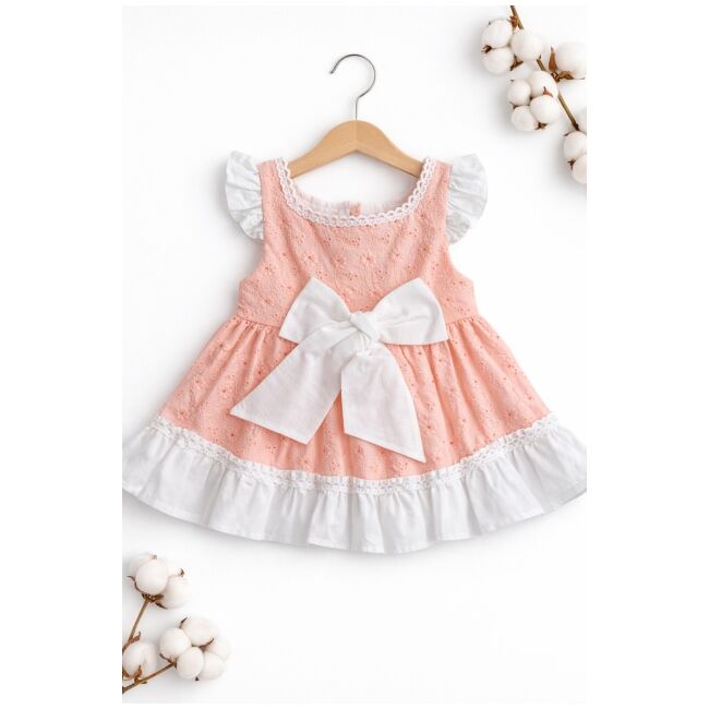 Rochita fetita somon alb eleganta cu fundita broderie dantela premium bebelusi copii trpb0222