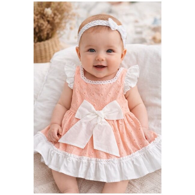 Rochita fetita somon alb eleganta cu fundita broderie dantela premium bebelusi copii trpb0222