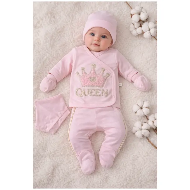 Set bebe fetita 5 piese roz queen bumbac bluza pantaloni caciula bavetica elegant trpb0216
