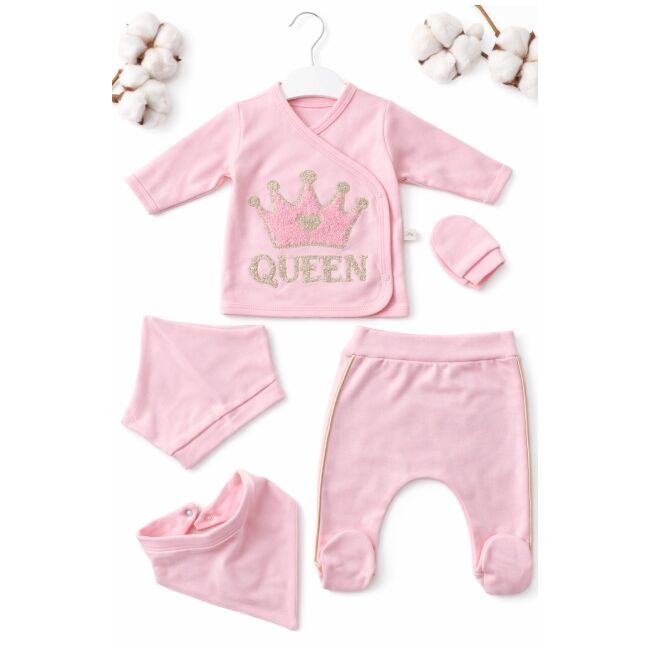 Set bebe fetita 5 piese roz queen bumbac bluza pantaloni caciula bavetica elegant trpb0216