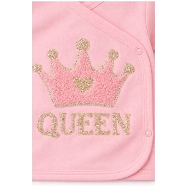 Set bebe fetita 5 piese roz queen bumbac bluza pantaloni caciula bavetica elegant trpb0216