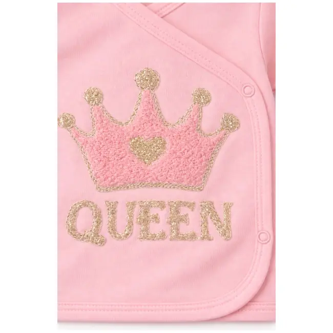 Set bebe fetita 5 piese roz queen bumbac bluza pantaloni caciula bavetica elegant trpb0216