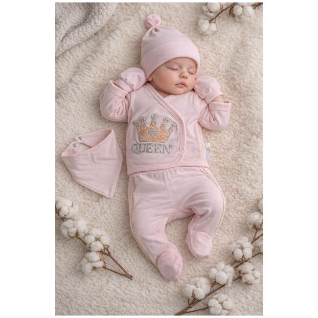 Set bebe fetita 5 piese roz queen bumbac bluza petrecuta pantaloni caciula bavetica trpb0217