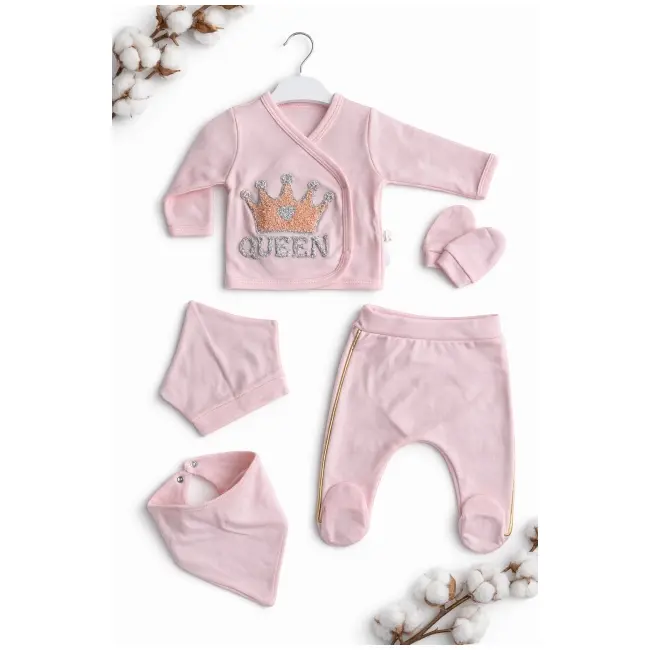 Set bebe fetita 5 piese roz queen bumbac bluza petrecuta pantaloni caciula bavetica trpb0217