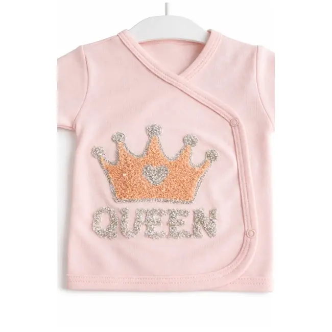 Set bebe fetita 5 piese roz queen bumbac bluza petrecuta pantaloni caciula bavetica trpb0217