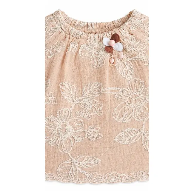 Set bebelusi fetita bluza maro cu broderie florala pantaloni scurti crem vara elegant trpb0225