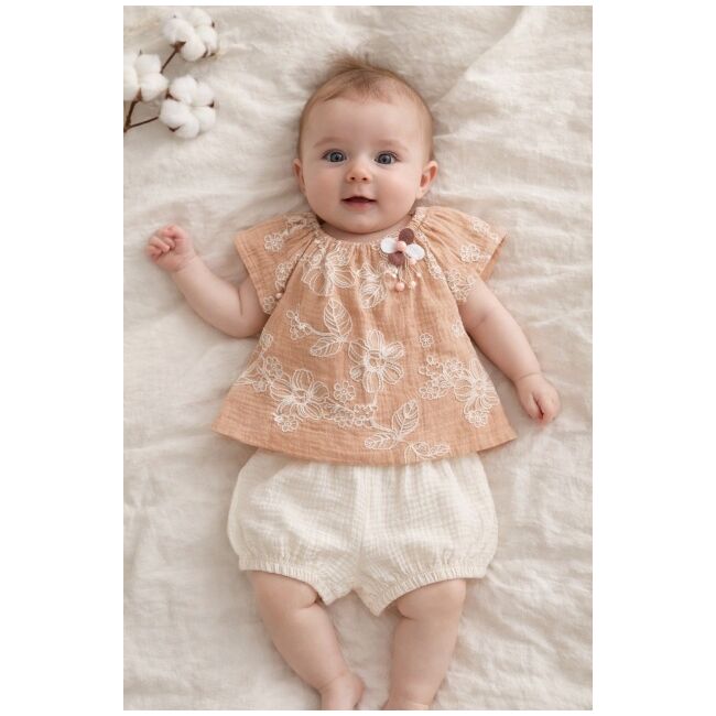 Set bebelusi fetita bluza maro cu broderie florala pantaloni scurti crem vara elegant trpb0225