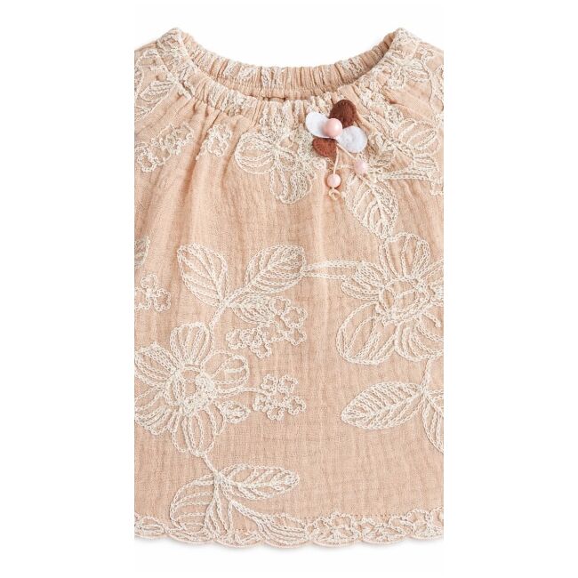 Set bebelusi fetita bluza maro cu broderie florala pantaloni scurti crem vara elegant trpb0225