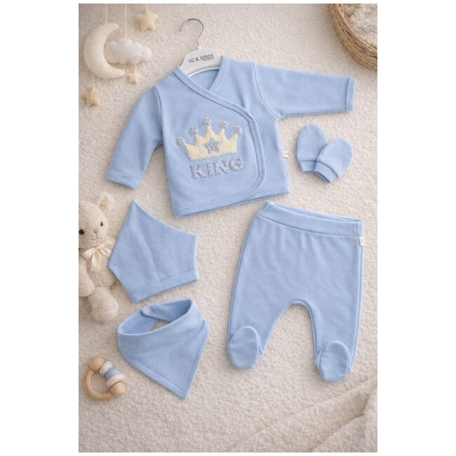 Set nou nascut baiat 5 piese albastru bumbac king bluza pantaloni caciulita trpb0199