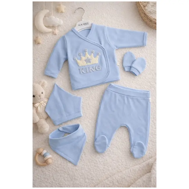 Set nou nascut baiat 5 piese albastru bumbac king bluza pantaloni caciulita trpb0199