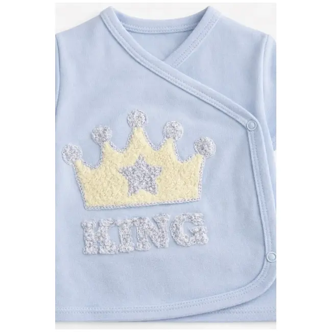 Set nou nascut baiat 5 piese albastru bumbac king bluza pantaloni caciulita trpb0199