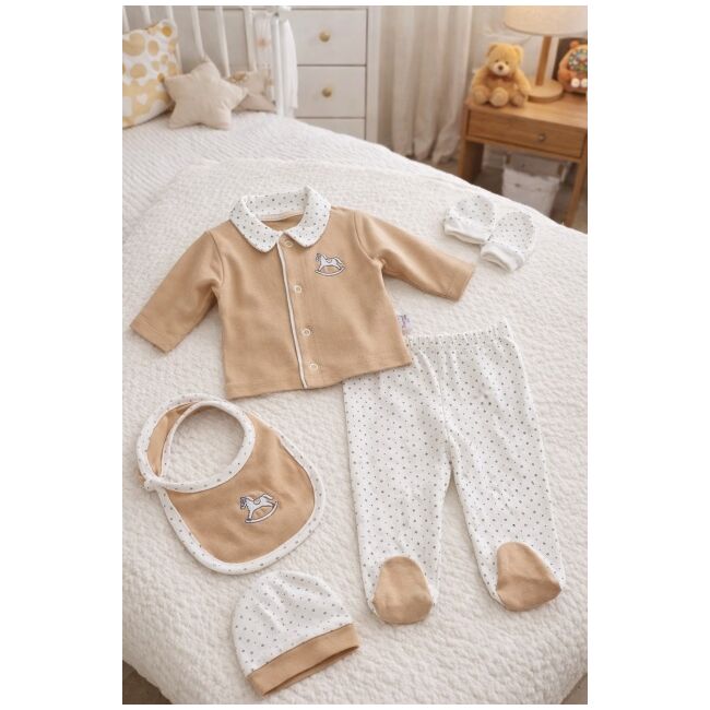 Set nou nascut baiat 5 piese bumbac bej alb elegant bluza pantaloni caciulita baveta trpb0204