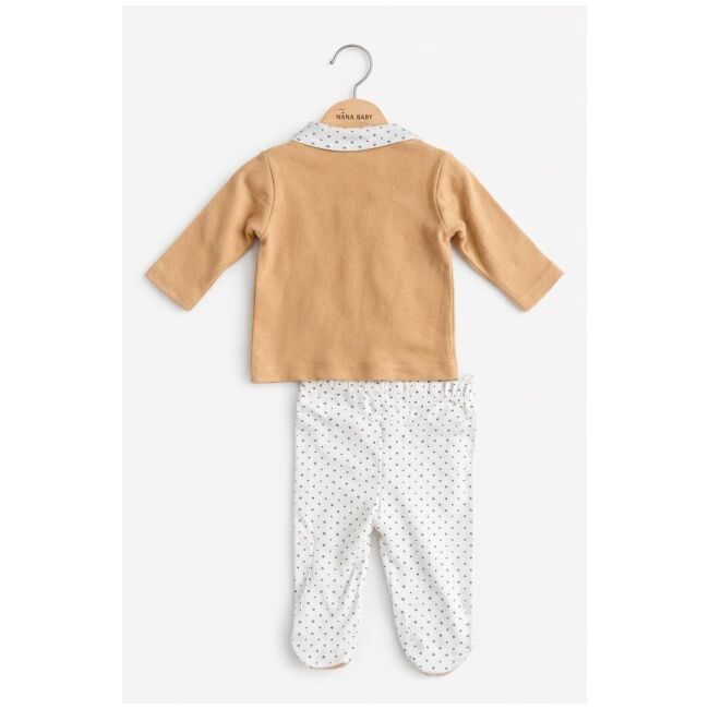 Set nou nascut baiat 5 piese bumbac bej alb elegant bluza pantaloni caciulita baveta trpb0204