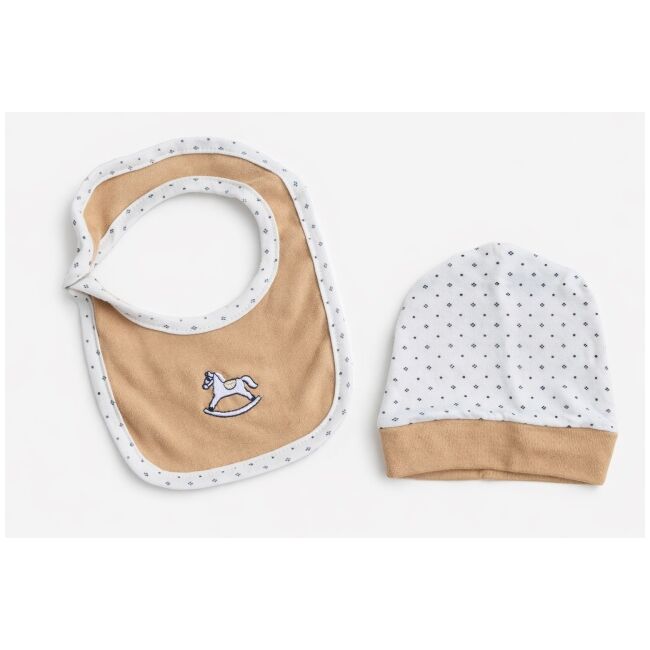 Set nou nascut baiat 5 piese bumbac bej alb elegant bluza pantaloni caciulita baveta trpb0204