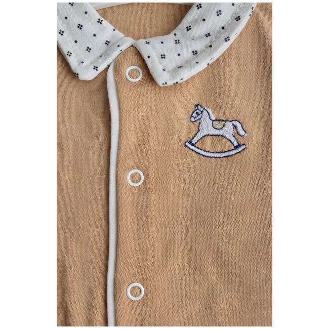 Set nou nascut baiat 5 piese bumbac bej alb elegant bluza pantaloni caciulita baveta trpb0204