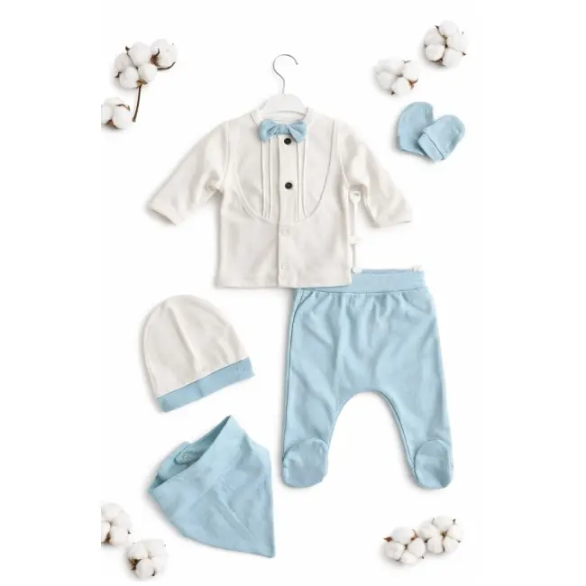 Set nou nascut baiat 5 piese elegant bumbac camasa pantaloni caciulita baveta trpb0202