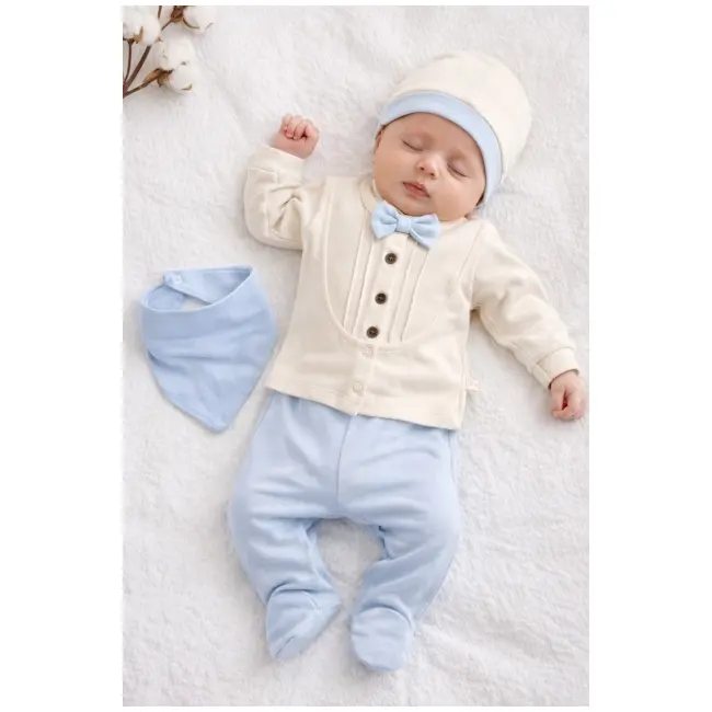 Set nou nascut baiat 5 piese elegant bumbac ivory bleu bluza papion pantaloni caciula trpb0203