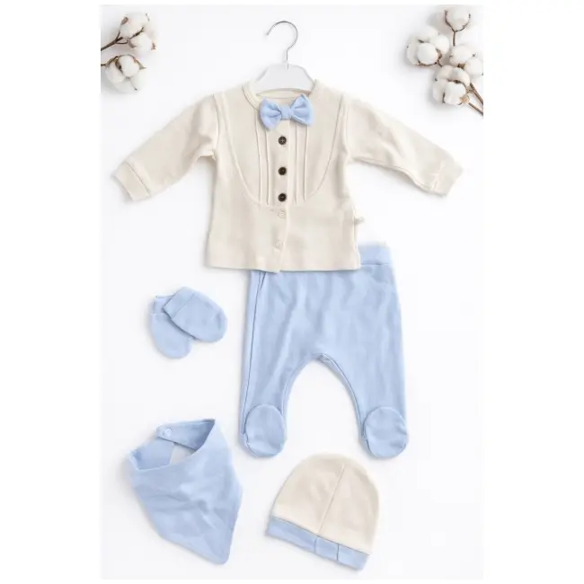 Set nou nascut baiat 5 piese elegant bumbac ivory bleu bluza papion pantaloni caciula trpb0203