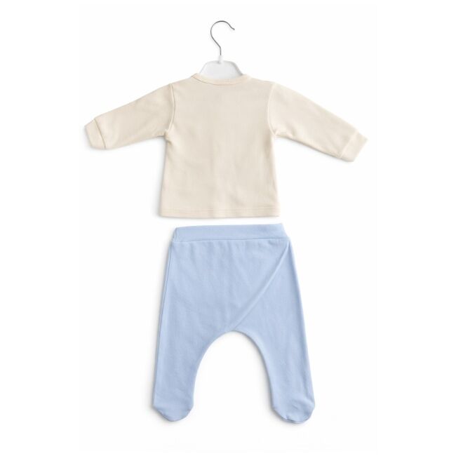 Set nou nascut baiat 5 piese elegant bumbac ivory bleu bluza papion pantaloni caciula trpb0203