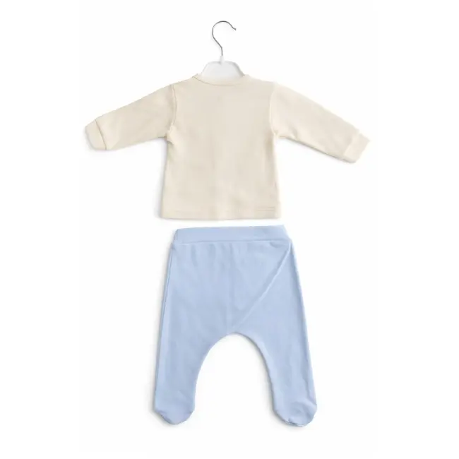 Set nou nascut baiat 5 piese elegant bumbac ivory bleu bluza papion pantaloni caciula trpb0203