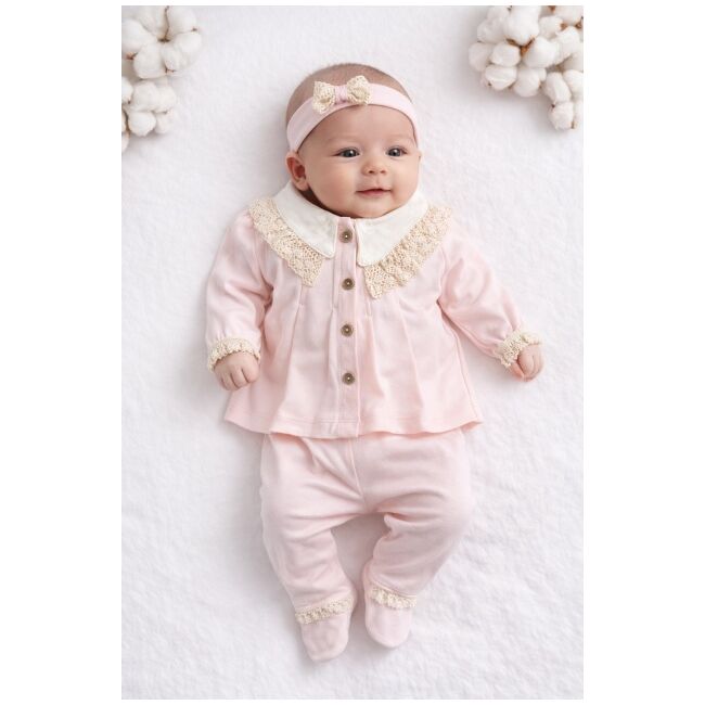Set nou nascut fetita 3 piese roz bumbac elegant bluza cu dantela pantaloni cu botosei trpb0205