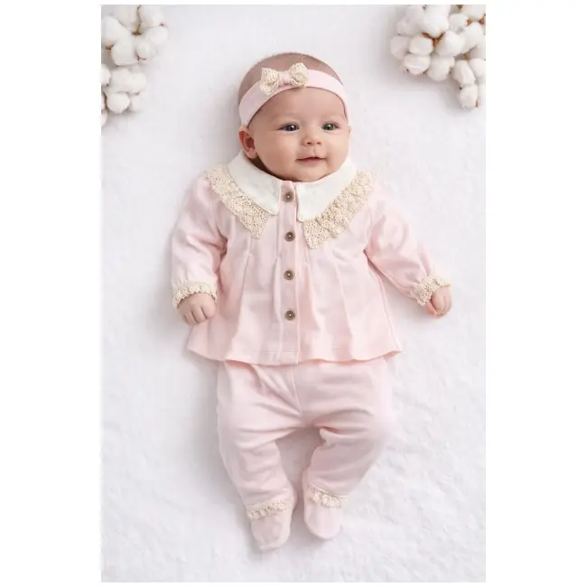 Set nou nascut fetita 3 piese roz bumbac elegant bluza cu dantela pantaloni cu botosei trpb0205