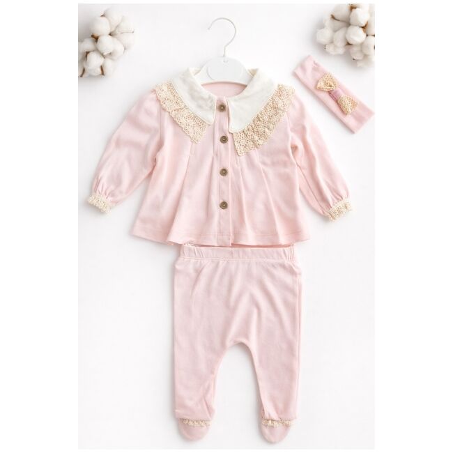 Set nou nascut fetita 3 piese roz bumbac elegant bluza cu dantela pantaloni cu botosei trpb0205