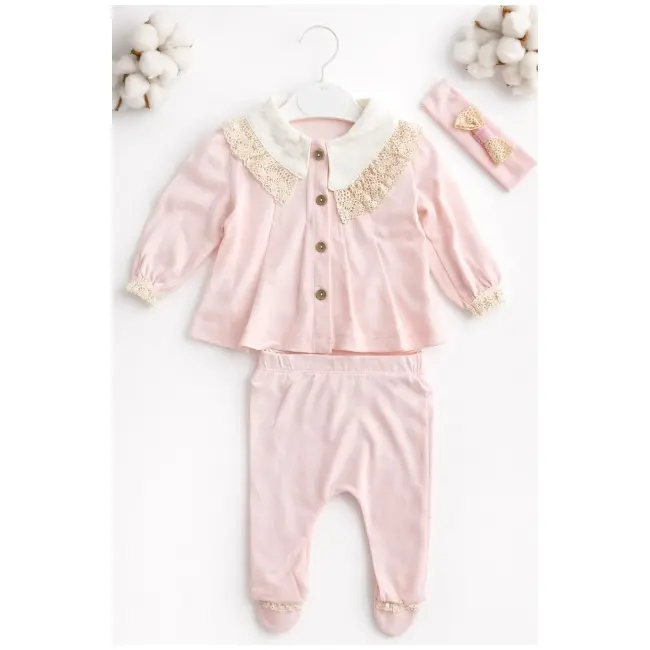 Set nou nascut fetita 3 piese roz bumbac elegant bluza cu dantela pantaloni cu botosei trpb0205